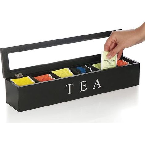Scatola porta tè con 6 scomparti, scatola in legno per capsule di caffè e bustine di tè, porta spezie con coperchio trasparente, soluzione compatta (1/5)