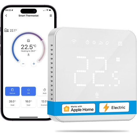 Thermostat WiFi Connecté pour Chauffage au Sol Électrique Compatible Apple HomeKit Alexa Google Home Écran LED Tactile Commande Vocale Contrôle à Distance (1/5)