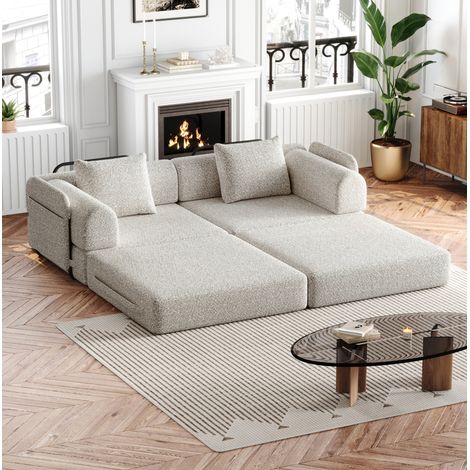 Sofá cama 2 en 1 de chenilla con almacenamiento en reposabrazos, color caqui (1/5)