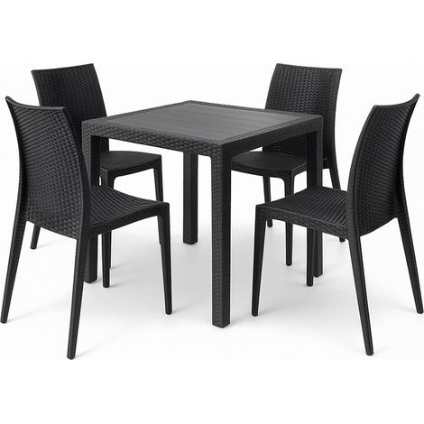 Set da giardino con tavolo quadrato e 4 sedie in plastica antracite effetto Rattan - Sedie impilabili senza braccioli (1/5)