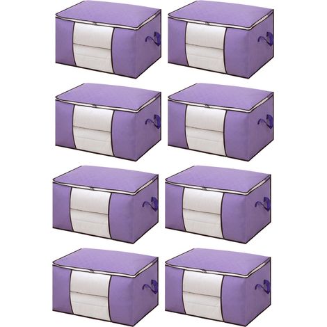 Lot de 8 sacs de stockage textile pliables pour vêtements et literie, coffre de rangement couverture organisateur placard fenêtre transparente poignée renforcée violet (1/3)