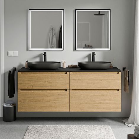 BERNSTEIN - Mueble lavabo suspendido MDF roble miel, encimera de lavabo negro mate, cajones giratorios 160x46x62cm - VIREO Roble Miel Oro, Negro mate