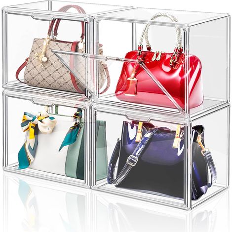 Lot de 4 boîtes de rangement empilables en plastique transparent pour placard, vitrine en acrylique pour sac à main et sac à main, livre, jouets (1/5)