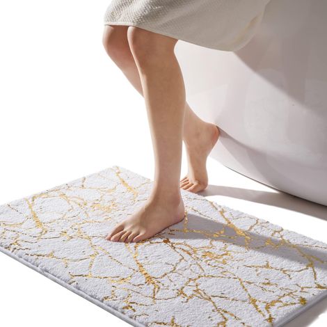 Tapis de bain antidérapant lavable - Tapis de salle de bain blanc et or - Accessoire de salle de bain de luxe - En microfibre douce - Absorbant - 50 x 80 (1/5)