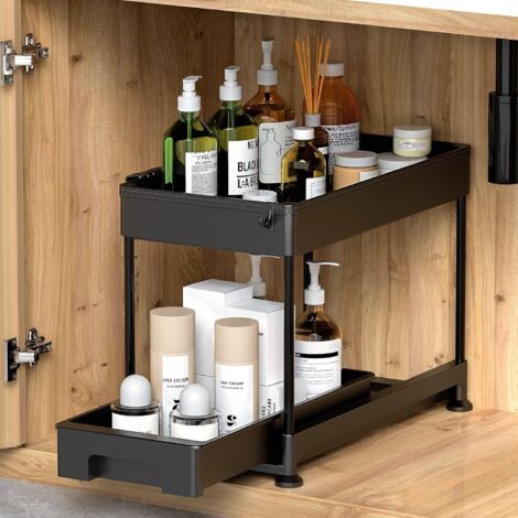Rangement sous évier Cuisine à 2 Niveaux avec Tiroir Coulissante, étagère de rangement multifonction avec crochets pour cuisine, salle de bain, buanderie, noir
