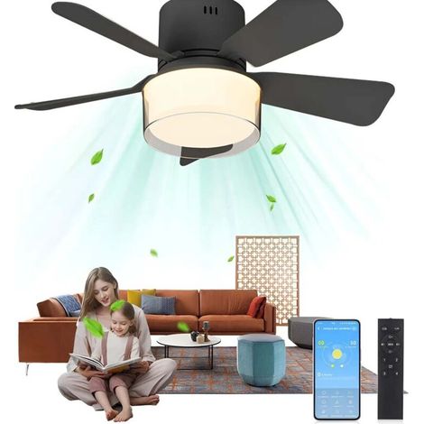 Ventilatore da soffitto da 52,5 cm – Luce LED – E26/E27 – 5 pale – Telecomando – 4 velocità – con asta di prolunga da 9,5 cm – Nero (1/5)