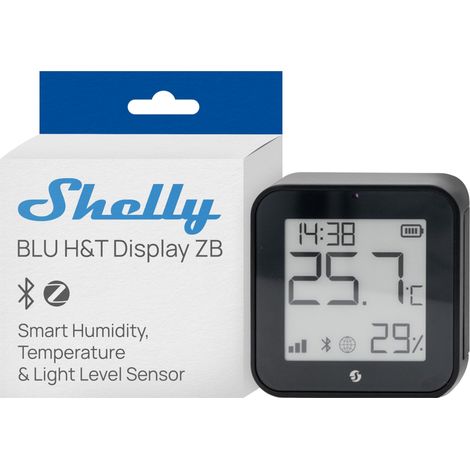 SHELLY BLU H&T DISPLAY ZB NOIR - CAPTEUR DE TEMPÉRATURE ET D'HUMIDITÉ CONNECTÉ, BLUETOOTH ET ZIGBEE, THERMOMÈTRE ET HYGROMÈTRE,