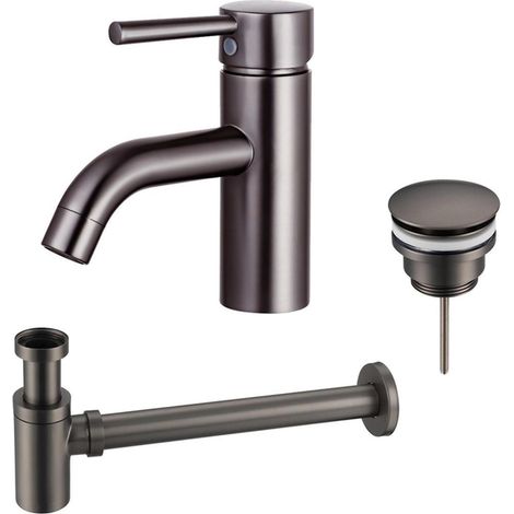 FugaFlow Eccelente Sobrado Kit mitigeur lavabo - robinet bas - bonde clic clac - siphon design bas - PVD Gunmetal (1/4)