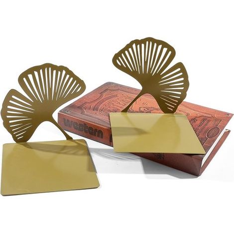 1 paio di fermalibri in metallo a forma di foglia di ginkgo, a forma di L, che imitano le venature della foglia, stabili, adatti come libreria o per organizzare la scrivania. (1/5)