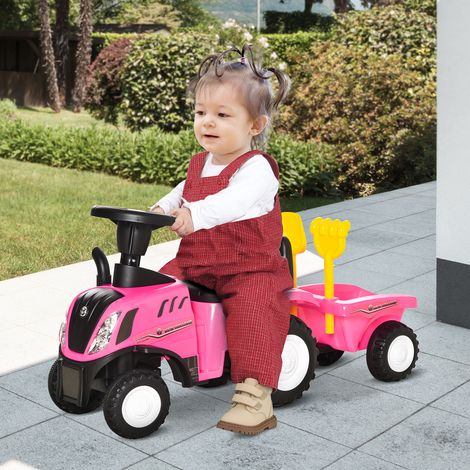 Rose 91x29x44 cm - Tracteur sans pédales pour enfants de 12 à 36 mois avec remorque amovible, voiture à conduire avec klaxon, phares, siège