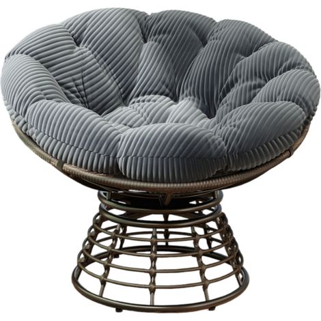 Fauteuil Papasan Ergonomique en Rotin avec Coussin Épais Gris et Base Pivotante 360°, Structure Acier Marron (1/5)