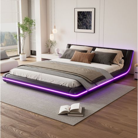 Letto adulto 160x200 cm con LED e rete a doghe, in ecopelle nera, materasso non incluso (1/5)