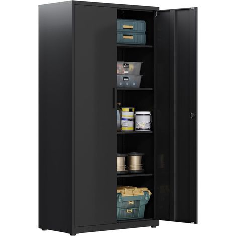 Armoire de Rangement en Métal, de Garage verrouillable avec 5 Étagères, Armoire de Bureau avec étagères Réglables, pour Le Bureau, Le Garage et la Buanderie, Noir (1/5)