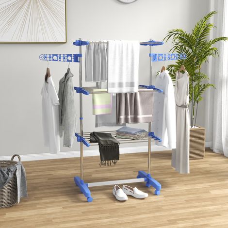 Klappbarer Turm-Wäscheständer mit 3 Ebenen, Rollen und Seitenflügeln, Stahl, blau OKMYHOME (1/5)