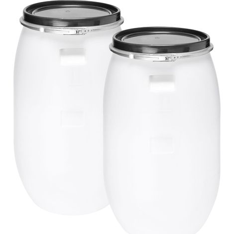 Garronda Set 2x 120 Liter Deckelfass Weithalsfass aus HDPE Regenfass für Garten Fass Regenwassertonne Futtertonne Universalfass Wasserfass Regentonne Lebensmittelfass Wassertank GD-0123, Weiß (1/5)