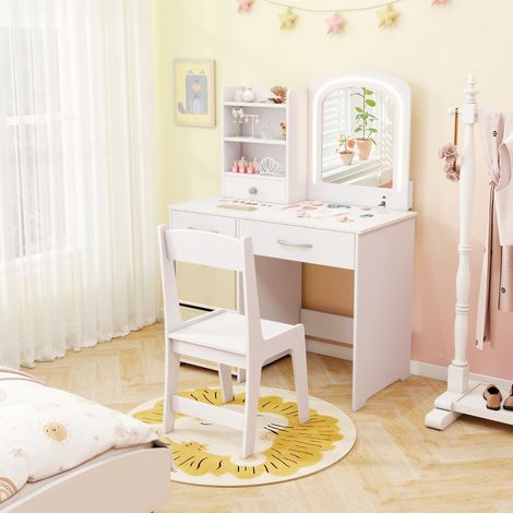 Ensemble Coiffeuse pour Enfants avec Miroir Lumineux Table de Maquillage Princesse avec Miroir et Lumières Étagères Ouvertes Blanc (1/5)