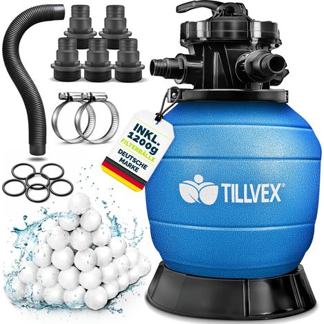 tillvex® Sandfilter Pool ohne Pumpe + 1200g Filterbälle bis 50m³ (50.000 Liter) Pools Filterkessel Poolfilter inkl. Adapter Ø32-38mm Sandfilterkessel mit 7-Wege-Ventil, Manometer & Saugschlauch (1/5)