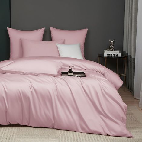 Parure de lit rafraîchissante en satin de coton mako - 200 x 200 cm - Motif d'été rose lisse - Respirant - Doux et infroissable - Housse de couette et 2 taies d'oreiller 80 x 80 cm (1/5)