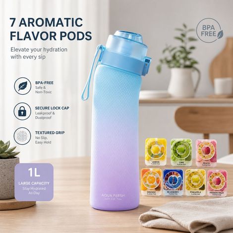 Sport-Trinkflasche mit 7 Geschmackskapseln, BPA-freies PET, 84 g, 30 x 15 x 15 cm, Farbverlauf Blau, Fitnessstudio, Büro, Laufen, Outdoor (1/5)