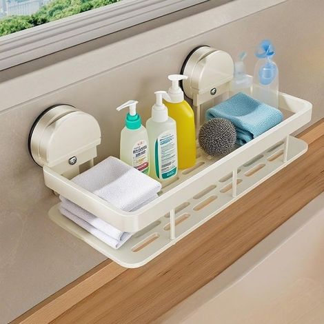 Étagère de douche à ventouse pour évier de cuisine, sans perçage, support d'éponge en aluminium antirouille pour chambre, salle de bain, essentiels de la maison (version basique blanche) (1/5)