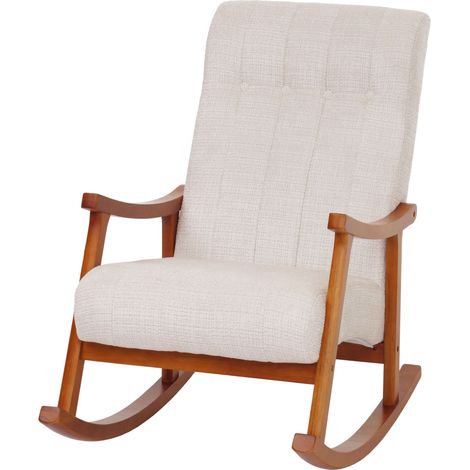 [JAMAIS UTILISÉ] Fauteuil à bascule HHG-857, fauteuil relax, bois MVG tissu/textile chenille (465 g/m²), crème, structure aspect noyer (1/5)