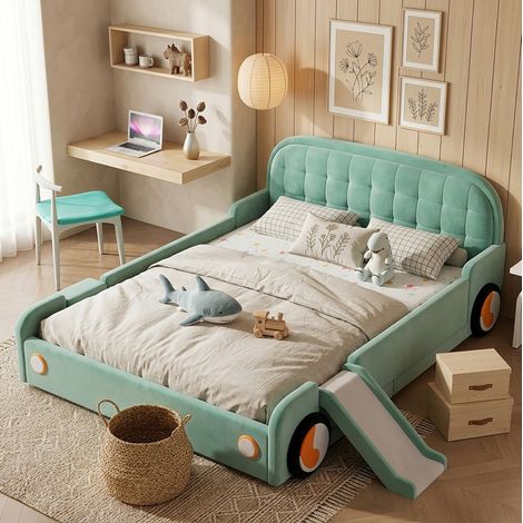 Cama infantil con forma de coche, con tobogán y escalera, acolchada azul-verde 140x200 cm OKWISH (1/5)
