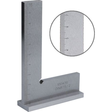 90°-Zimmermannswinkel 100 x 70 mm, mit DIN 875 Stahlfuß und Skala, mit Anschlag, für präzise Holzarbeiten.