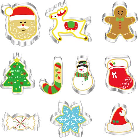 Emporte-Pièce Noël - Acier Inoxydable - 10 Formes Festives Père Noël Bonhomme Pain Épice Flocon Arbre Renne Sucre d'Orge Chaussette - Lot de 10