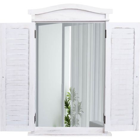 Miroir mural salle de bain design fenêtre avec volets 71x46x5cm blanc vieilli 040003703