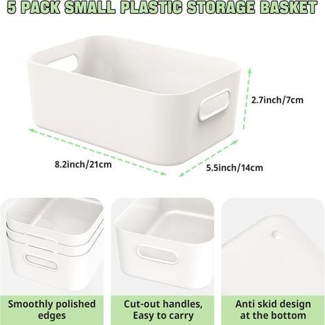 Set mit 5 kleinen weißen Aufbewahrungsboxen aus Kunststoff mit Griffen, ideal für Regale, Küche, Büro, Kühlschrank, Badezimmer und zur Organisation im Haushalt – 20,5 x 1 (1/3)