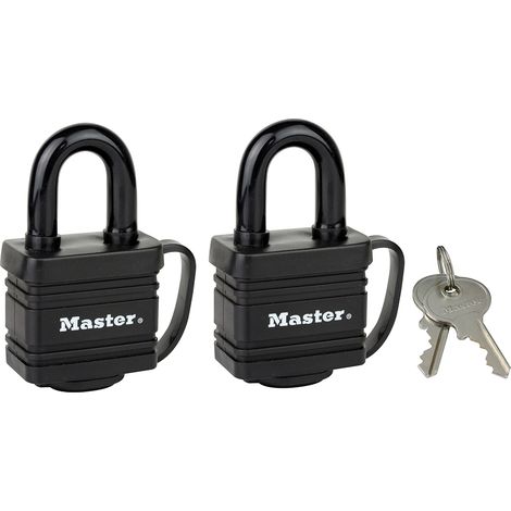 Master Lock 7804EURT Confezione da 2 Lucchetti in Acciaio Laminato Rivestito a Chiave, Nero, 7,8 x 4 x 2,9 cm (1/4)