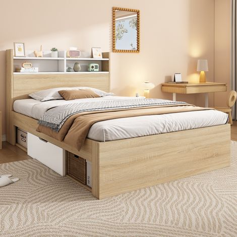 Lit simple 90x200 cm blanc/chêne bicolore avec étagère de tête, 2 tiroirs et niches ouvertes, partiellement en bois massif, gain de place (sans matelas)