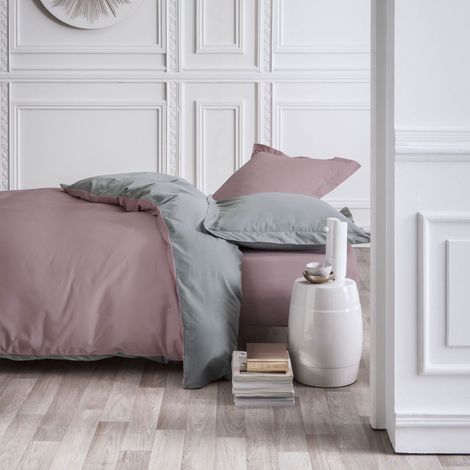 Parure de lit 3 pièces 240x220 cm percale bicolore vieux rose et gris