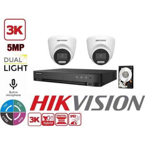 KIT VIDEOSORVEGLIANZA HIKVISION 4 CANALI 5 MPX 2 TELECAMERE DOME 5 MPX 3K HYBRID LIGHT HDD 500GB