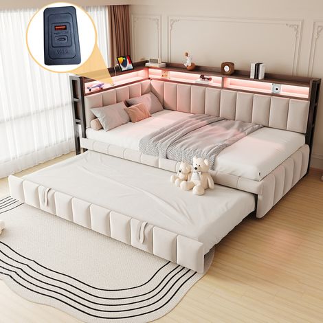 Canapé-lit rembourré 90x200 cm - Avec lit gigogne -Avec LED - Ports USB et Type-C - Beige (matelas non inclus) (1/5)
