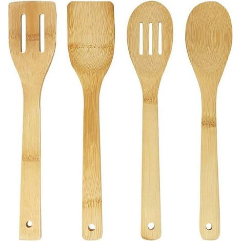 Ensemble de 4 ustensiles de cuisine de qualité en bois de bambou : cuillère en bois, spatule en bois. (1/4)