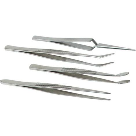 Lot de 4 brucelles de précision robustes et polyvalentes. Conception ergonomique, adaptées aux travaux fins, bricolage, réparation et usages domestiques variés.
