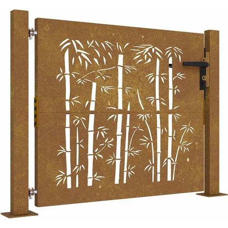 Le portail de jardin, mesurant 100x75 cm, est fabriqué en acier Corten et en bambou.