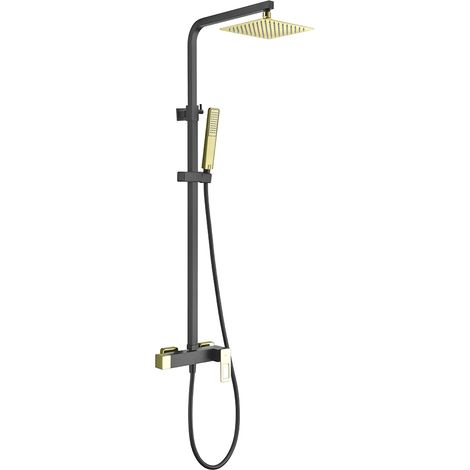MICE - Barra de ducha monomando extensible - Columna de ducha - Griferia baño con rociador y mango de ducha Color Negro Mate y Oro Brillo (1/4)