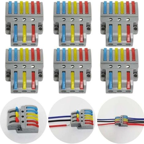 Bornes de Connexion, 6 Pcs Connecteur électrique avec levier de fonctionnement, Compact Borne de connexion électrique Automatique, 3 in 6 out, Avec vis de montage (1/4)