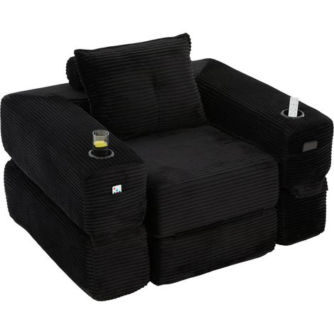 Sofá cama plegable de pana negra con espuma de alta densidad y muelles, 1 plaza (1/5)