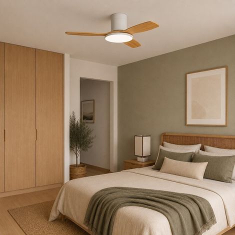 Ventilateur de plafond lumineux blanc et bois clair RIGA II WOOD (1/3)