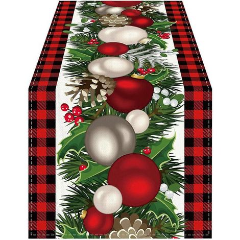 Six chemins de table de Noël en lin à carreaux rouges et noirs, de 72 pouces de long, parfaits pour les décorations de table de Noël hivernales. (1/5)