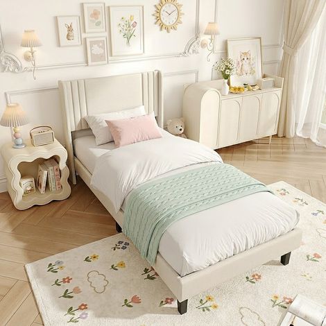Lit Simple 90x200 cm avec Sommier à Lattes, Lit Capitonné en Tissu Lin, Tête de Lit Confortable pour Chambre ou Amis, Lit 1 Place - Beige