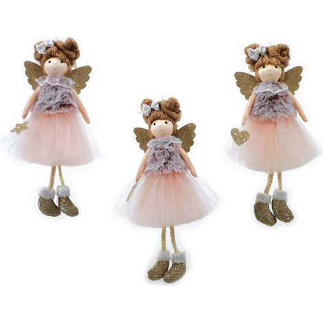 Angelo con pelliccia angioletto rosa oro set 3 fatine addobbi decorazioni natalizi per albero di natale (1/2)