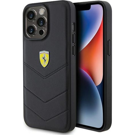 Custodia rigida nera/nera per iPhone 15 Pro Max 6.7" Ferrari FEHCP15XRDUK con logo in metallo trapuntato e logo in metallo. (1/5)