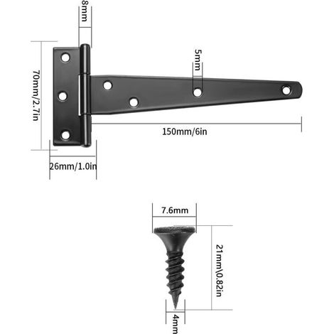 Set di 4 cerniere a T nere, cerniere per porte scorrevoli, cerniere per porte, cerniere piatte in acciaio inossidabile per cancelli, casette da giardino, armadi - 15 cm (1/4)