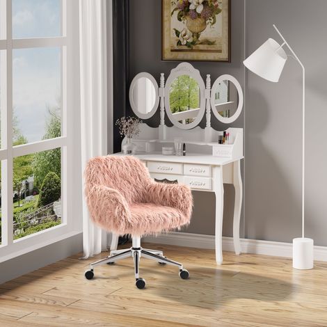 Fauteuil de bureau pivotant Vinsetto Executive, chaise d'ordinateur, chaise de coiffeuse avec revêtement en fausse fourrure, assise réglable en hauteur pour filles, mousse et fausse fourrure, rose et (1/5)
