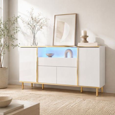 Credenza 150 x 40 x 80 cm bianco lucido con LED, 4 ante, 1 cassetto HAVRYA (1/5)