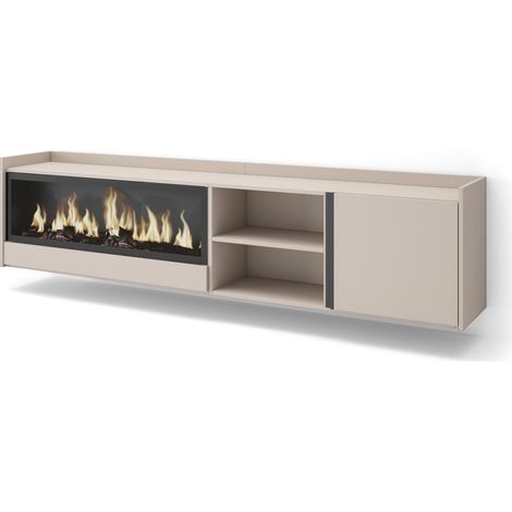 Skraut Home - Mueble TV, Televisión, Muebles de salón, almacenaje, 212x35x50cm, Para TV hasta 80", Chimenea eléctrica XXL, Colgado, Suspendido, Estilo Moderno, Beige (1/5)